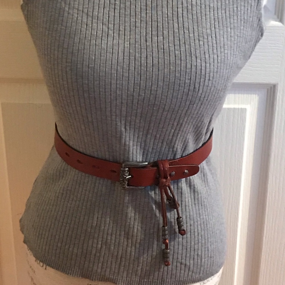 Unique specialty brown leather belt with leather and metal bead tassels